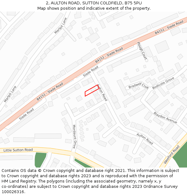 2, AULTON ROAD, SUTTON COLDFIELD, B75 5PU: Location map and indicative extent of plot