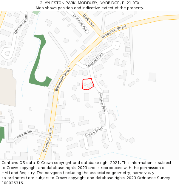 2, AYLESTON PARK, MODBURY, IVYBRIDGE, PL21 0TX: Location map and indicative extent of plot