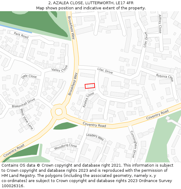2, AZALEA CLOSE, LUTTERWORTH, LE17 4FR: Location map and indicative extent of plot