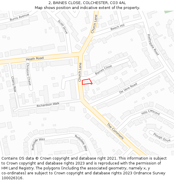 2, BAINES CLOSE, COLCHESTER, CO3 4AL: Location map and indicative extent of plot