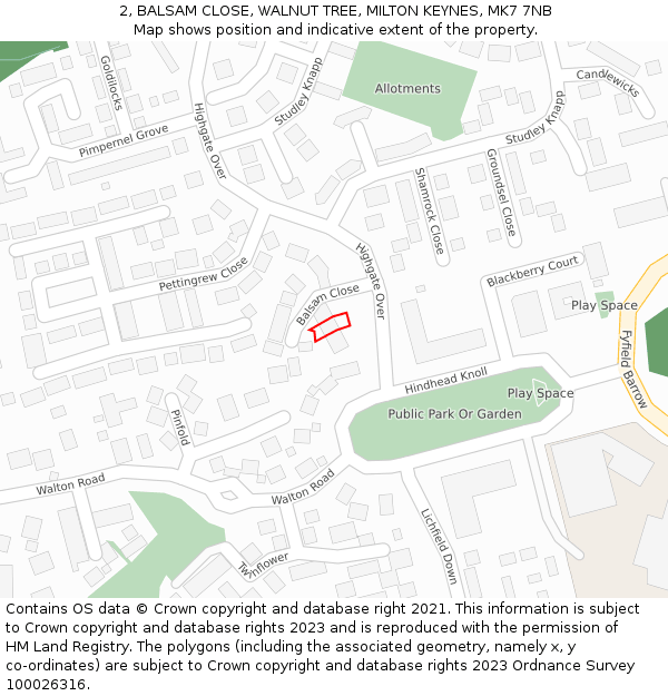 2, BALSAM CLOSE, WALNUT TREE, MILTON KEYNES, MK7 7NB: Location map and indicative extent of plot