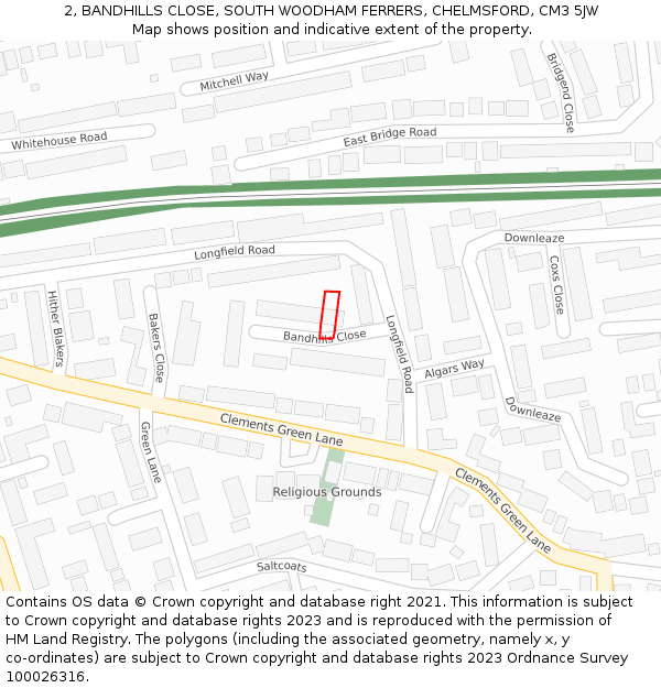 2, BANDHILLS CLOSE, SOUTH WOODHAM FERRERS, CHELMSFORD, CM3 5JW: Location map and indicative extent of plot