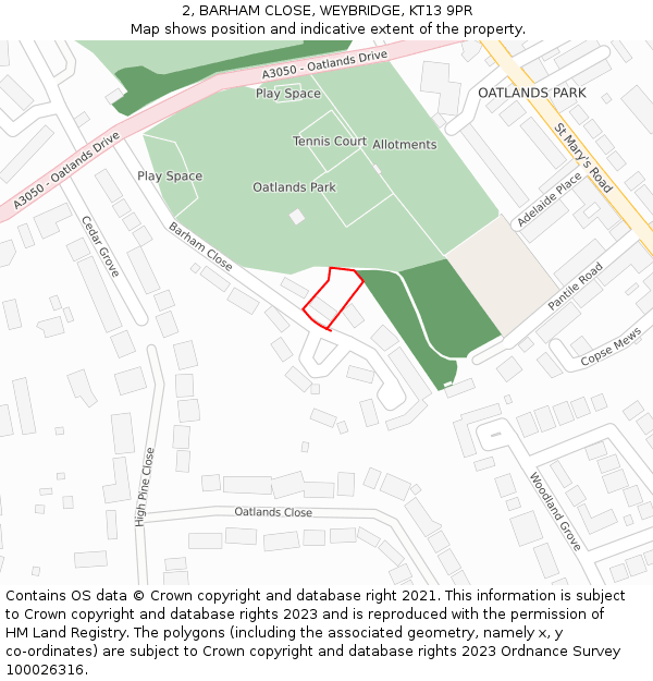 2, BARHAM CLOSE, WEYBRIDGE, KT13 9PR: Location map and indicative extent of plot