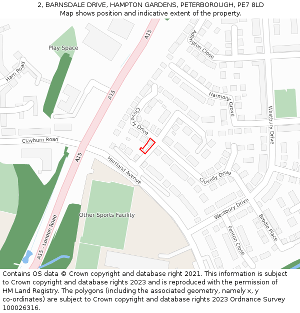 2, BARNSDALE DRIVE, HAMPTON GARDENS, PETERBOROUGH, PE7 8LD: Location map and indicative extent of plot