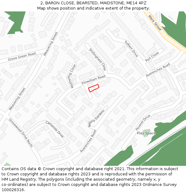 2, BARON CLOSE, BEARSTED, MAIDSTONE, ME14 4PZ: Location map and indicative extent of plot