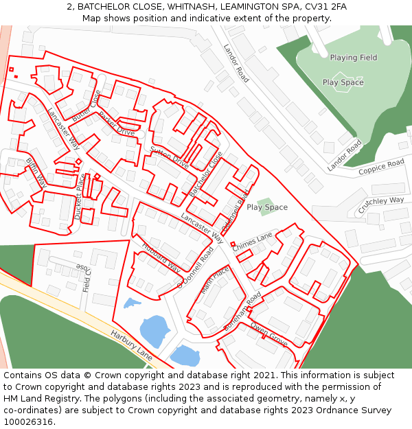 2, BATCHELOR CLOSE, WHITNASH, LEAMINGTON SPA, CV31 2FA: Location map and indicative extent of plot