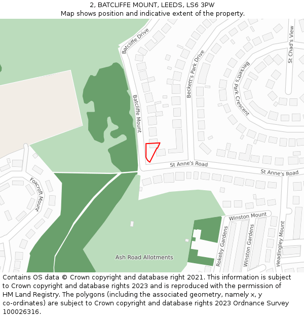 2, BATCLIFFE MOUNT, LEEDS, LS6 3PW: Location map and indicative extent of plot