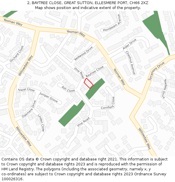 2, BAYTREE CLOSE, GREAT SUTTON, ELLESMERE PORT, CH66 2XZ: Location map and indicative extent of plot