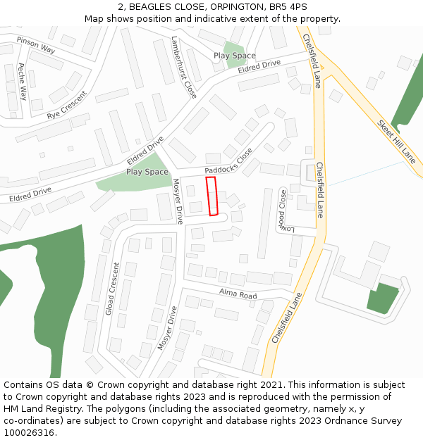 2, BEAGLES CLOSE, ORPINGTON, BR5 4PS: Location map and indicative extent of plot