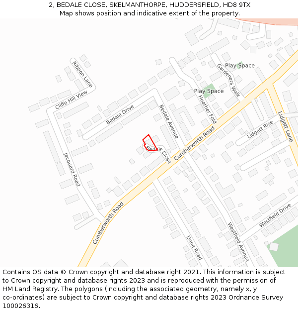 2, BEDALE CLOSE, SKELMANTHORPE, HUDDERSFIELD, HD8 9TX: Location map and indicative extent of plot