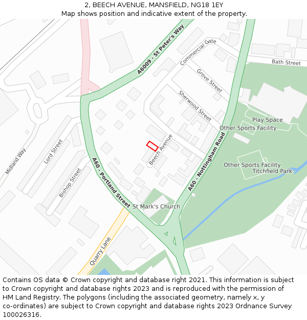 2, BEECH AVENUE, MANSFIELD, NG18 1EY: Location map and indicative extent of plot