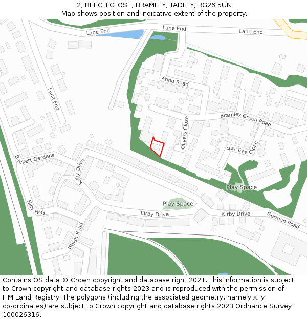 2, BEECH CLOSE, BRAMLEY, TADLEY, RG26 5UN: Location map and indicative extent of plot