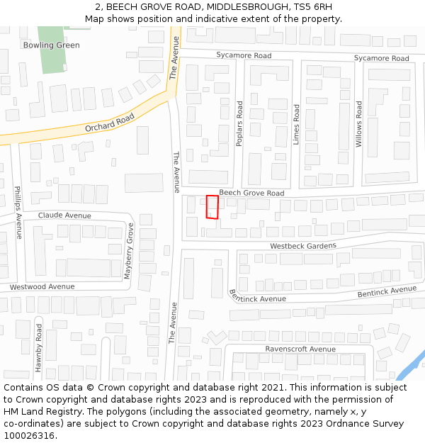 2, BEECH GROVE ROAD, MIDDLESBROUGH, TS5 6RH: Location map and indicative extent of plot