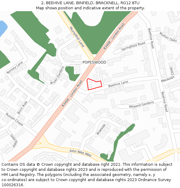 2, BEEHIVE LANE, BINFIELD, BRACKNELL, RG12 8TU: Location map and indicative extent of plot