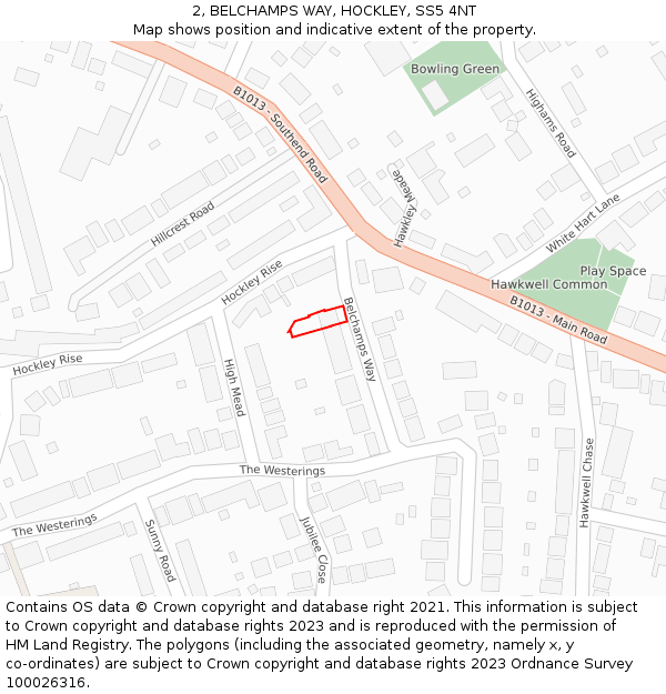 2, BELCHAMPS WAY, HOCKLEY, SS5 4NT: Location map and indicative extent of plot