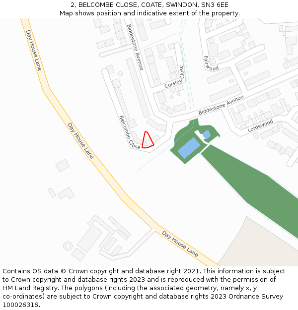 2, BELCOMBE CLOSE, COATE, SWINDON, SN3 6EE: Location map and indicative extent of plot