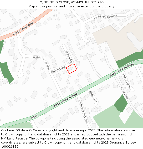 2, BELFIELD CLOSE, WEYMOUTH, DT4 9RQ: Location map and indicative extent of plot
