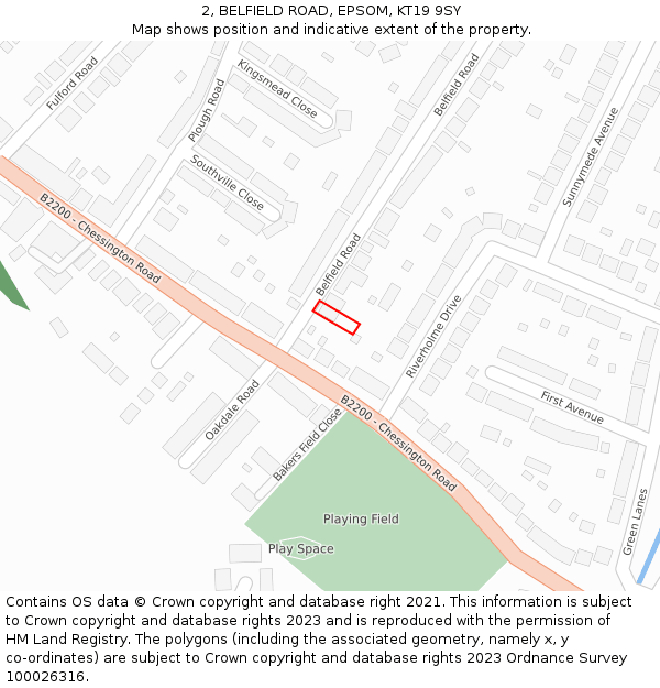 2, BELFIELD ROAD, EPSOM, KT19 9SY: Location map and indicative extent of plot
