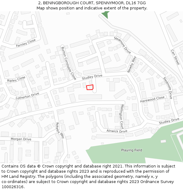 2, BENINGBOROUGH COURT, SPENNYMOOR, DL16 7GG: Location map and indicative extent of plot