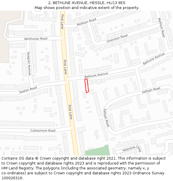 2, BETHUNE AVENUE, HESSLE, HU13 9ES: Location map and indicative extent of plot