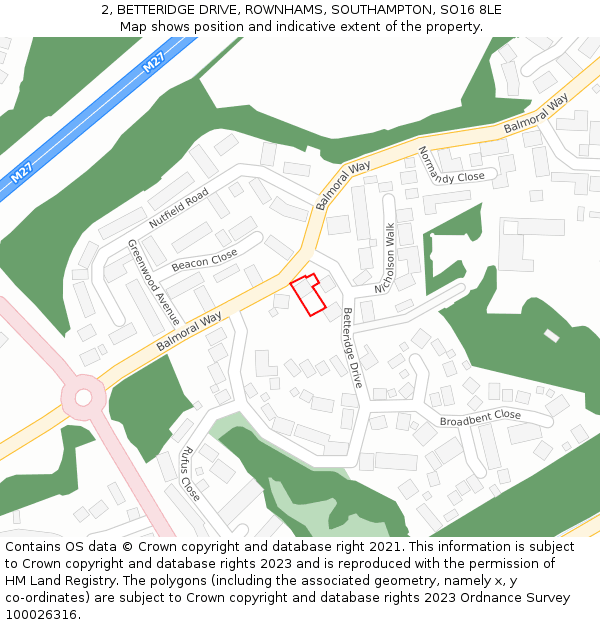 2, BETTERIDGE DRIVE, ROWNHAMS, SOUTHAMPTON, SO16 8LE: Location map and indicative extent of plot