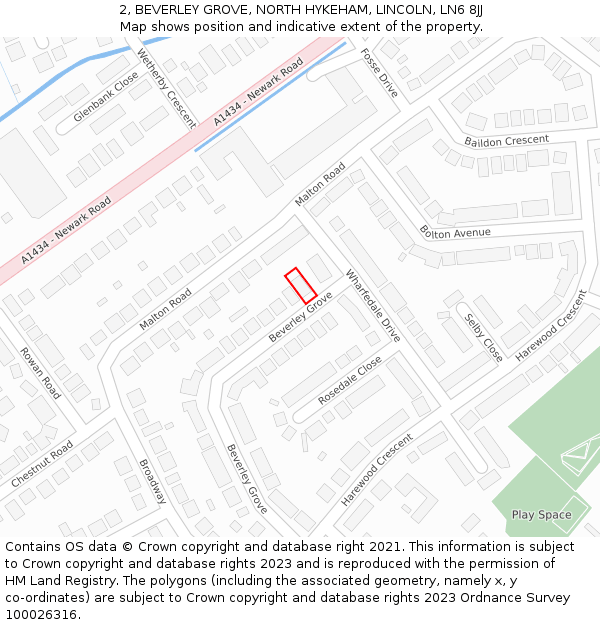 2, BEVERLEY GROVE, NORTH HYKEHAM, LINCOLN, LN6 8JJ: Location map and indicative extent of plot