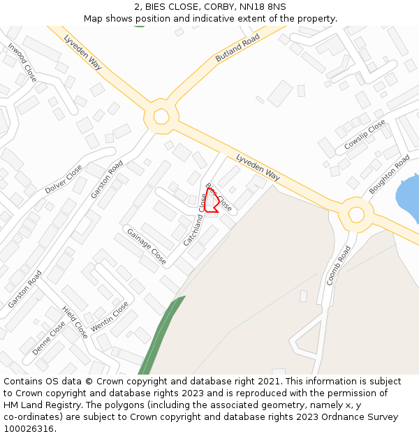 2, BIES CLOSE, CORBY, NN18 8NS: Location map and indicative extent of plot