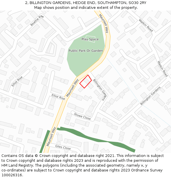 2, BILLINGTON GARDENS, HEDGE END, SOUTHAMPTON, SO30 2RY: Location map and indicative extent of plot