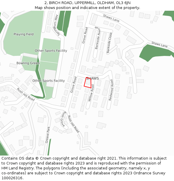 2, BIRCH ROAD, UPPERMILL, OLDHAM, OL3 6JN: Location map and indicative extent of plot