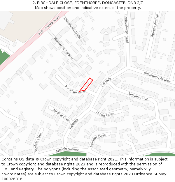 2, BIRCHDALE CLOSE, EDENTHORPE, DONCASTER, DN3 2JZ: Location map and indicative extent of plot