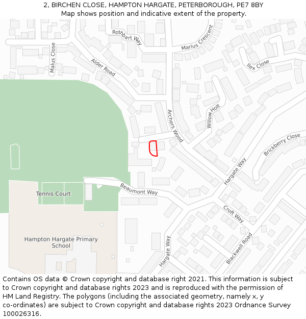 2, BIRCHEN CLOSE, HAMPTON HARGATE, PETERBOROUGH, PE7 8BY: Location map and indicative extent of plot