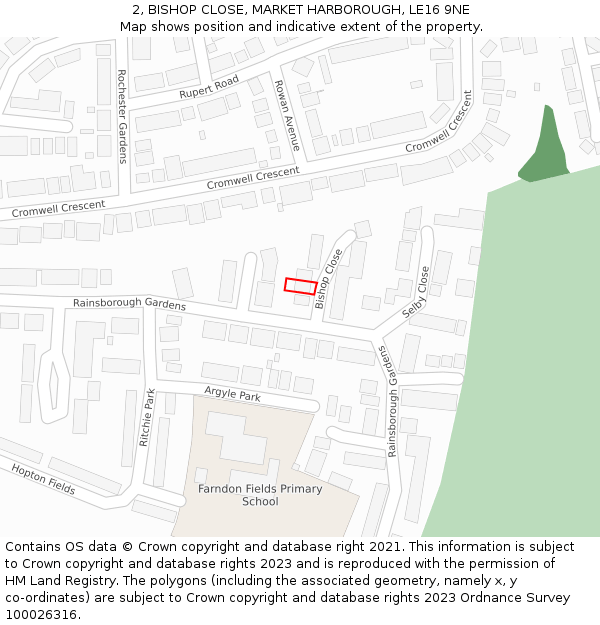2, BISHOP CLOSE, MARKET HARBOROUGH, LE16 9NE: Location map and indicative extent of plot