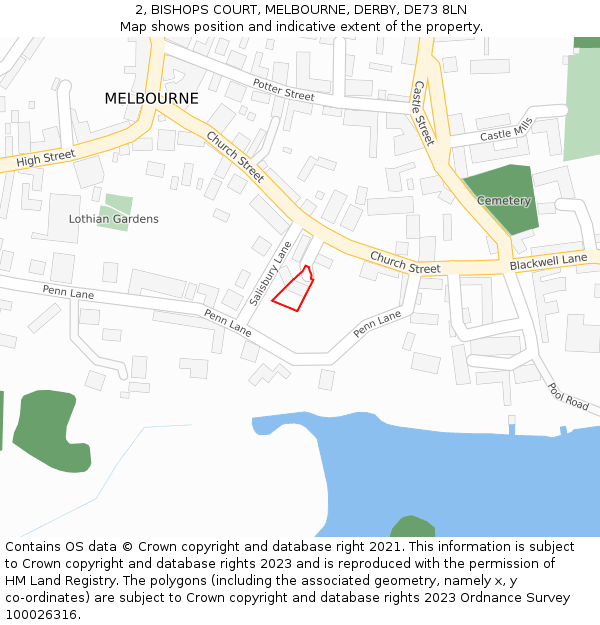 2, BISHOPS COURT, MELBOURNE, DERBY, DE73 8LN: Location map and indicative extent of plot