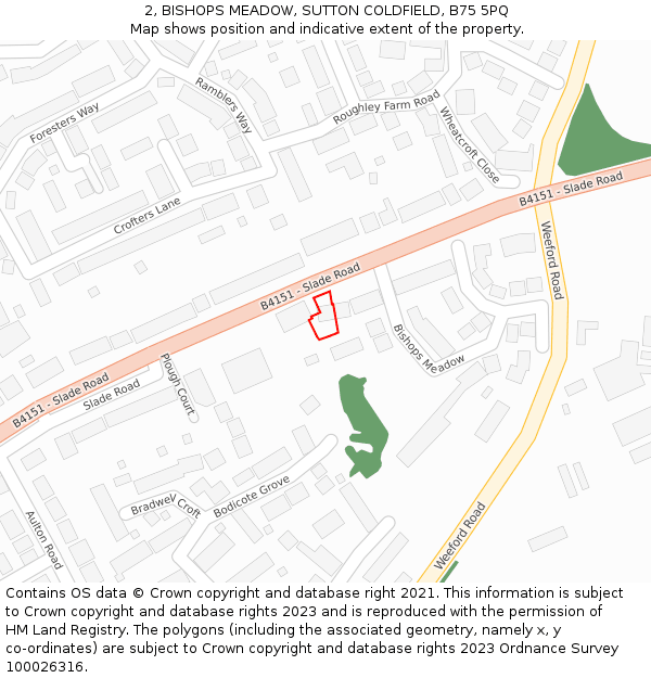 2, BISHOPS MEADOW, SUTTON COLDFIELD, B75 5PQ: Location map and indicative extent of plot