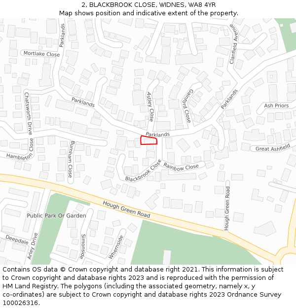2, BLACKBROOK CLOSE, WIDNES, WA8 4YR: Location map and indicative extent of plot