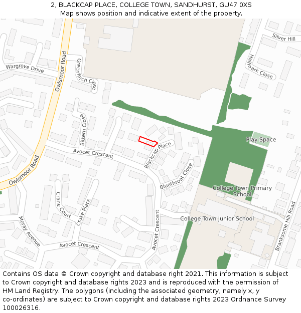 2, BLACKCAP PLACE, COLLEGE TOWN, SANDHURST, GU47 0XS: Location map and indicative extent of plot