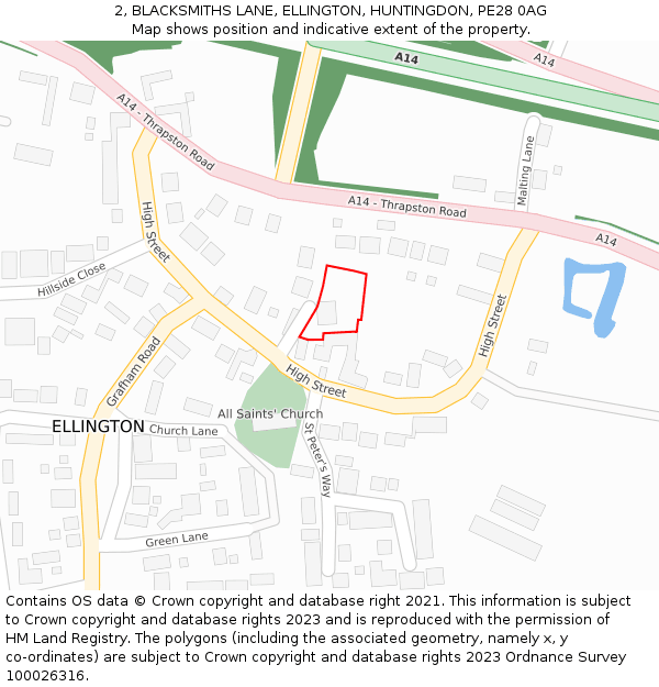 2, BLACKSMITHS LANE, ELLINGTON, HUNTINGDON, PE28 0AG: Location map and indicative extent of plot