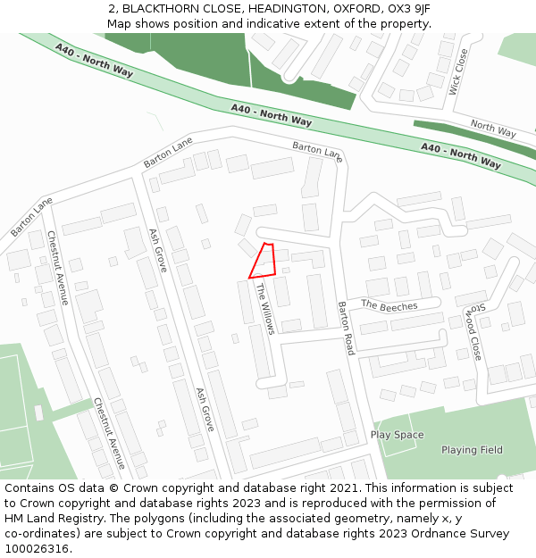 2, BLACKTHORN CLOSE, HEADINGTON, OXFORD, OX3 9JF: Location map and indicative extent of plot