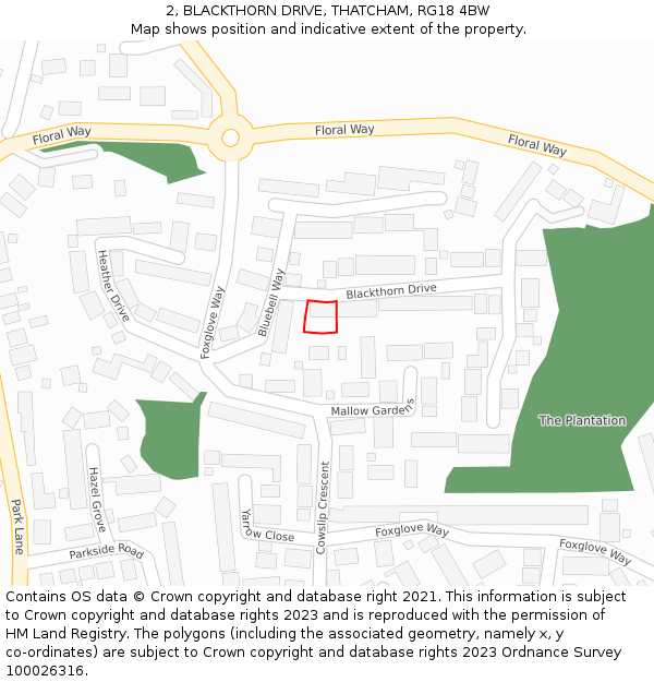 2, BLACKTHORN DRIVE, THATCHAM, RG18 4BW: Location map and indicative extent of plot