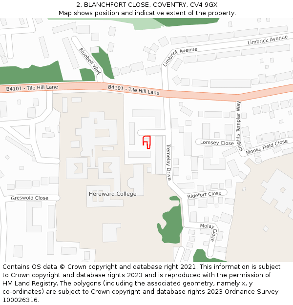 2, BLANCHFORT CLOSE, COVENTRY, CV4 9GX: Location map and indicative extent of plot