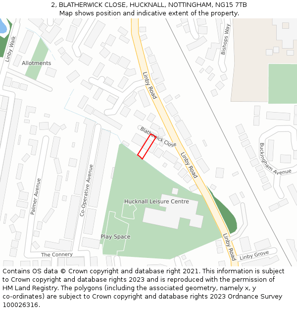 2, BLATHERWICK CLOSE, HUCKNALL, NOTTINGHAM, NG15 7TB: Location map and indicative extent of plot