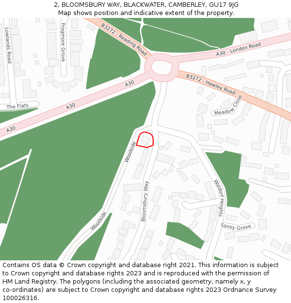 2, BLOOMSBURY WAY, BLACKWATER, CAMBERLEY, GU17 9JG: Location map and indicative extent of plot