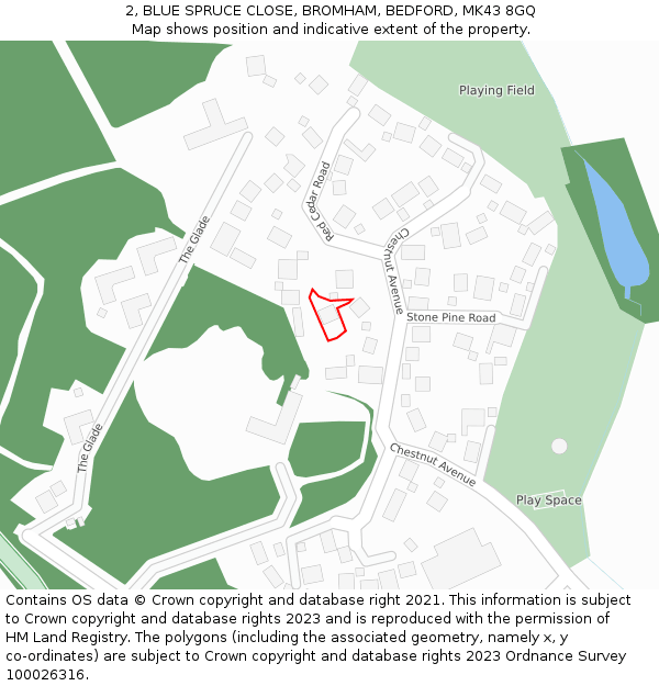 2, BLUE SPRUCE CLOSE, BROMHAM, BEDFORD, MK43 8GQ: Location map and indicative extent of plot