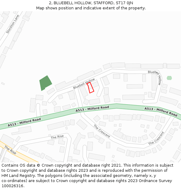 2, BLUEBELL HOLLOW, STAFFORD, ST17 0JN: Location map and indicative extent of plot