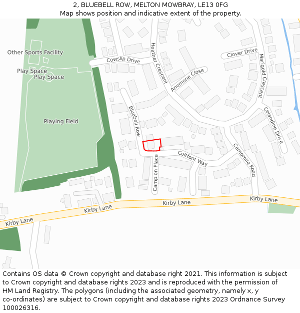 2, BLUEBELL ROW, MELTON MOWBRAY, LE13 0FG: Location map and indicative extent of plot