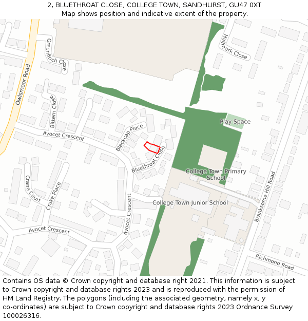 2, BLUETHROAT CLOSE, COLLEGE TOWN, SANDHURST, GU47 0XT: Location map and indicative extent of plot