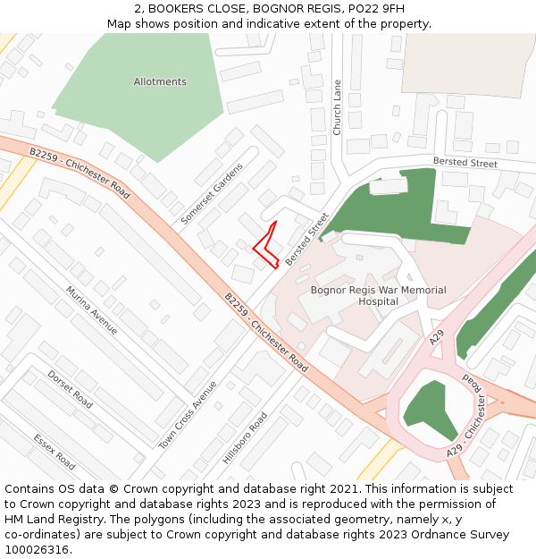 2, BOOKERS CLOSE, BOGNOR REGIS, PO22 9FH: Location map and indicative extent of plot