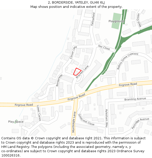 2, BORDERSIDE, YATELEY, GU46 6LJ: Location map and indicative extent of plot