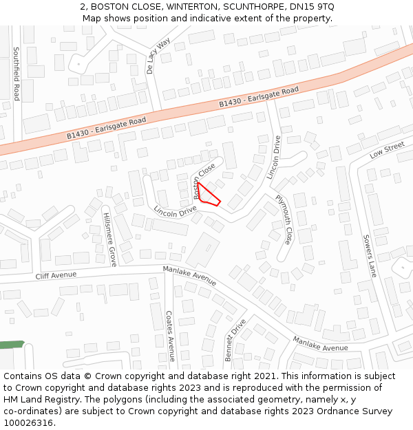2, BOSTON CLOSE, WINTERTON, SCUNTHORPE, DN15 9TQ: Location map and indicative extent of plot