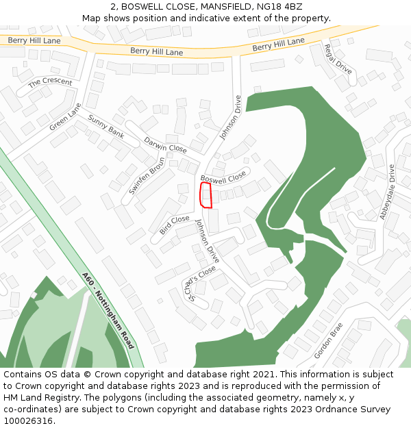 2, BOSWELL CLOSE, MANSFIELD, NG18 4BZ: Location map and indicative extent of plot